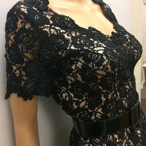 Dressy Black Lace Evening Blouse Belted by J.S. Boutique (Size 4)